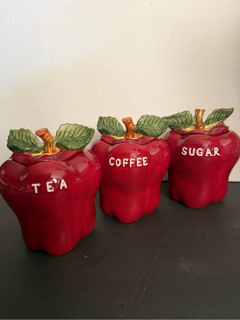 Red Apple Ceramic Tea Coffee Sugar Canister Set - Home Kitchen